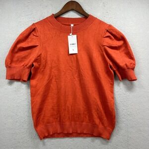Athmile Puff Sleeve Sweater Womens Large Orange Short Sleeve Crew Neck Knit Top